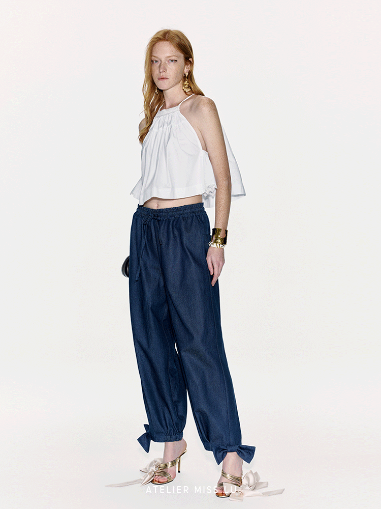 ATELIER MISS LU Bow-embellished Denim Cuffed Pants- KINGDOM.