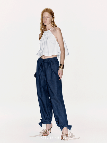 ATELIER MISS LU Bow-embellished Denim Cuffed Pants- KINGDOM.
