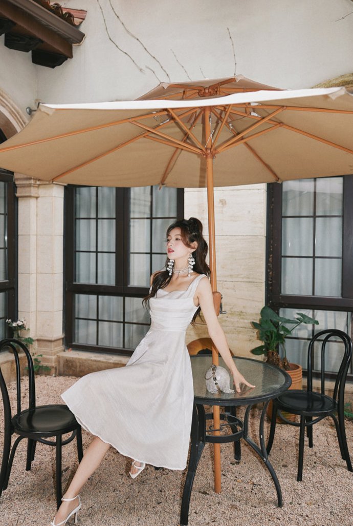 DOLLY Luxury White Retro Style Sleeveless Pleated Midi Suspender Dinner Dress-EUDORA