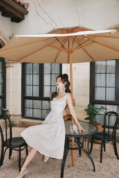 DOLLY Luxury White Retro Style Sleeveless Pleated Midi Suspender Dinner Dress-EUDORA