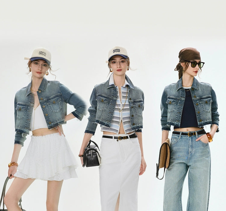 ANNASPEAK Denim  Wash Short Small Long  Denim Jacket-AYO.