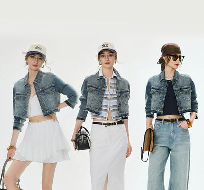 ANNASPEAK Denim  Wash Short Small Long  Denim Jacket-AYO.