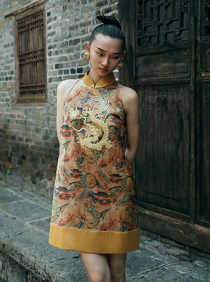 HECO Chinese Stand Collar Color-Blocked Golden Dragon Embroidery Dress - ZIPH