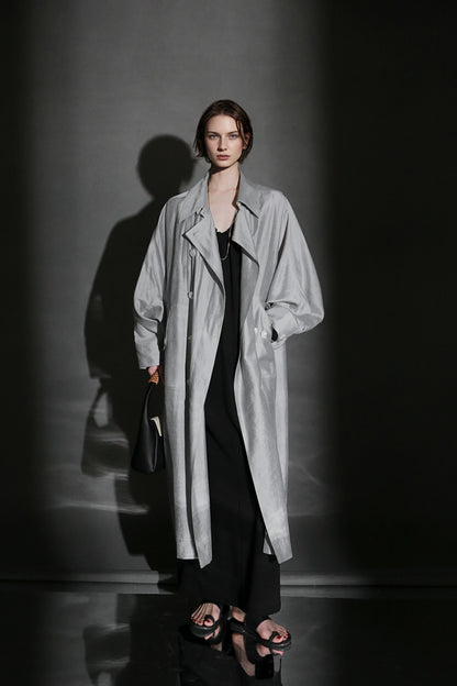 PIAOIN Light Luxury Silk Luster Tencel Linen Trench Coat Jacket -JOSEPHINE