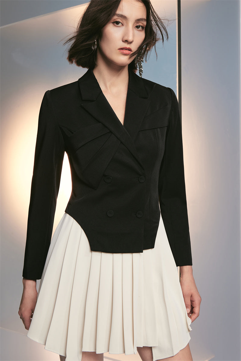 PURITY RING designer geometric short pleated contrast suit dress- Treasure