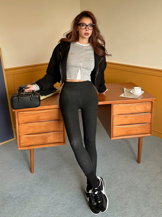 Le Palais Vintage Original Black Silver Grey Multi-Wear Wide-brimmed Fleece Hip Leggings-LEN