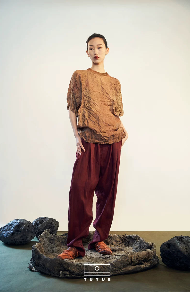 TUYUE knitted collar plant tie-dye pleats short-sleeved top- MERLIN
