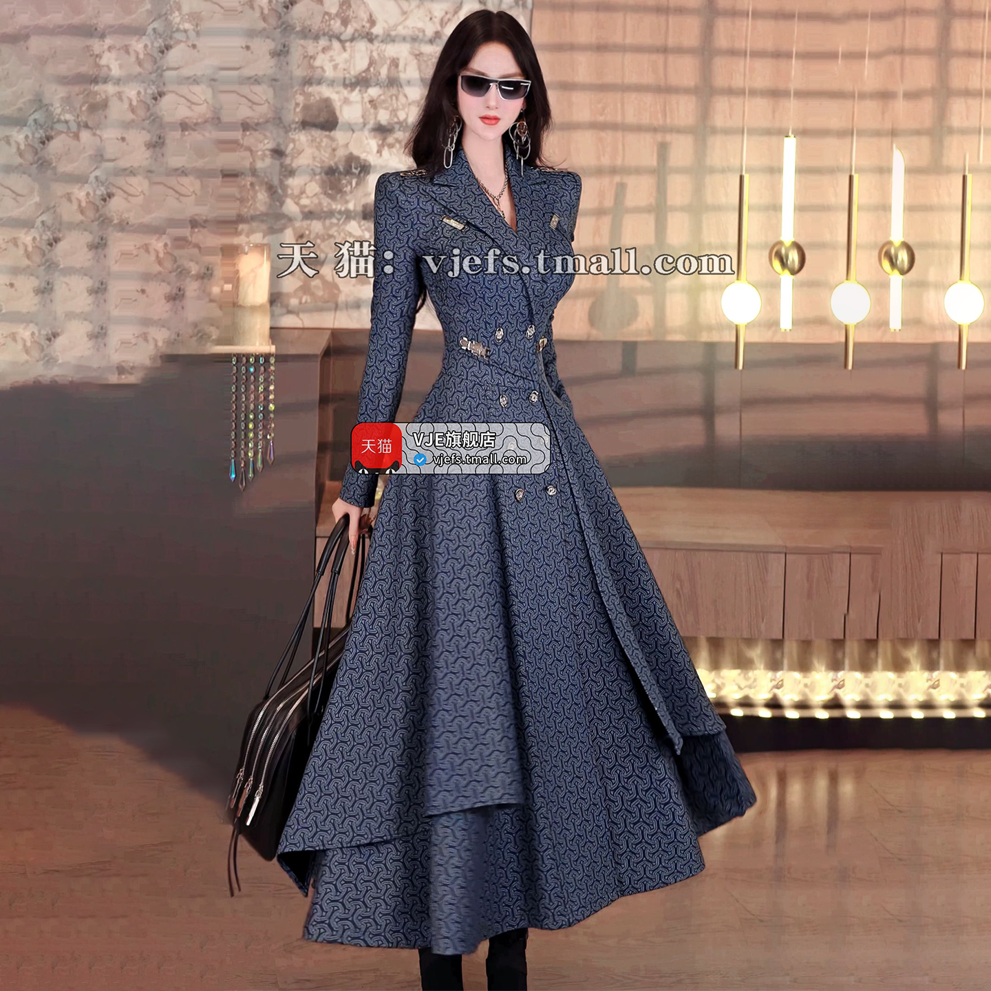 VJE Women's Printed Waist Mid-Length Double-breasted Trench Coat- JOJO.