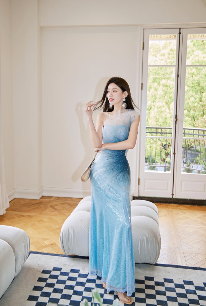 DOLLY Luxury Blue Sleeveless Mesh Bandeau High Waist Long Fish Tail Cocktail Dress-SENORA