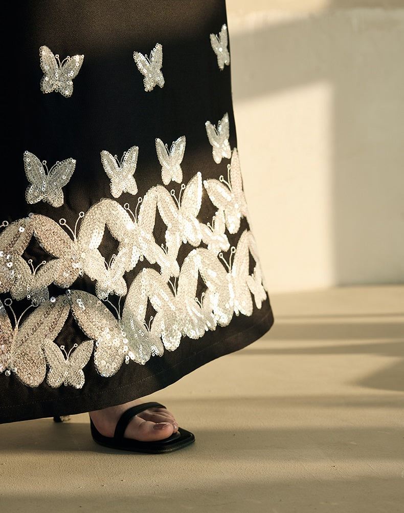 HECO Butterfly Embroidery black white High-waisted Straight Skirt Women - CODE.