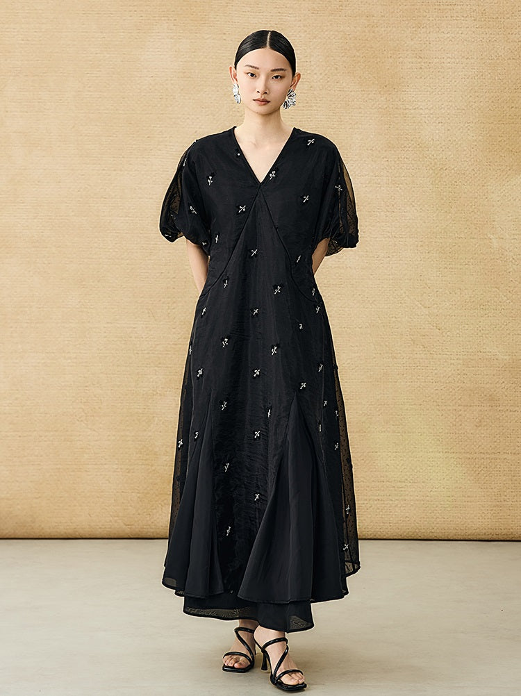 HECO  New Chinese Embroidered V-Neck Puff Sleeve Dress - CORAINE.