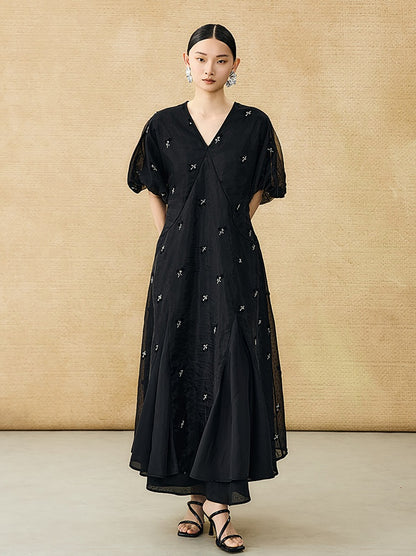 HECO  New Chinese Embroidered V-Neck Puff Sleeve Dress - CORAINE.