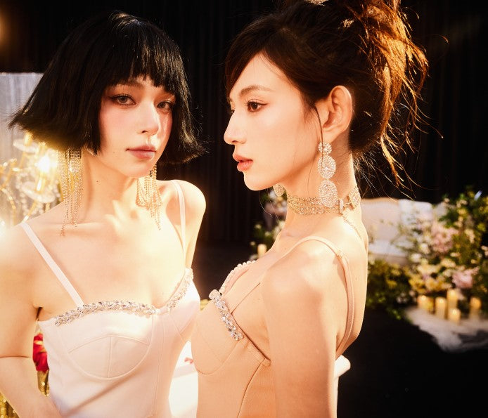 DOLLY High End White/Nude Sleeveless Diamond Fish Tail Suspender Dress-JABEL