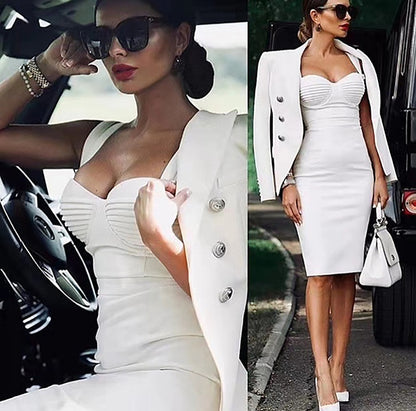 DOLLY Elegant V-Neck Sleeveless Tube Top Body Hug Midi Party Dress-KASIE