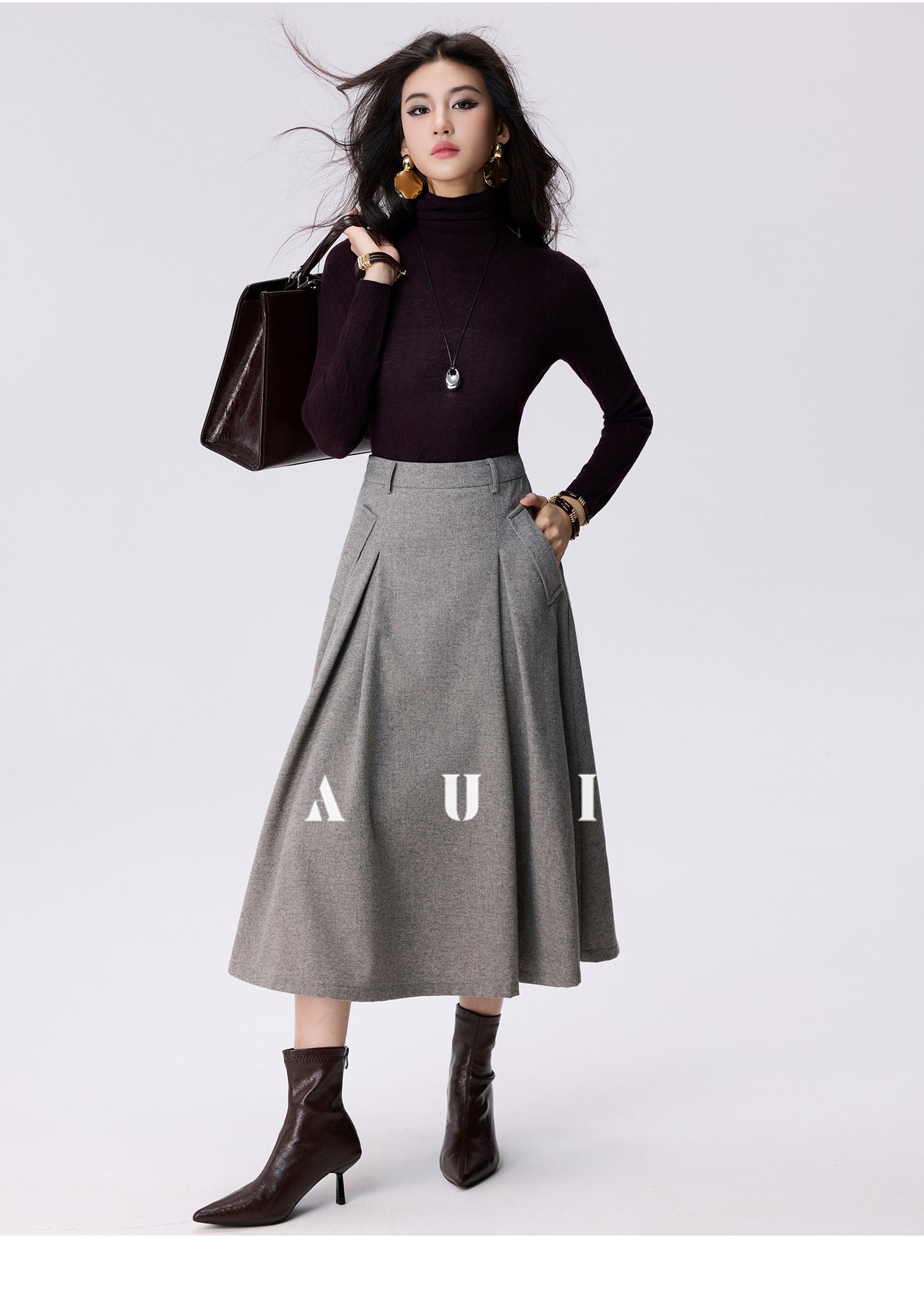 AUI Wrinkled High-Waisted Umbrella Temperament Mid-Length Skirt - PRIDE