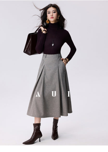 AUI Wrinkled High-Waisted Umbrella Temperament Mid-Length Skirt - PRIDE