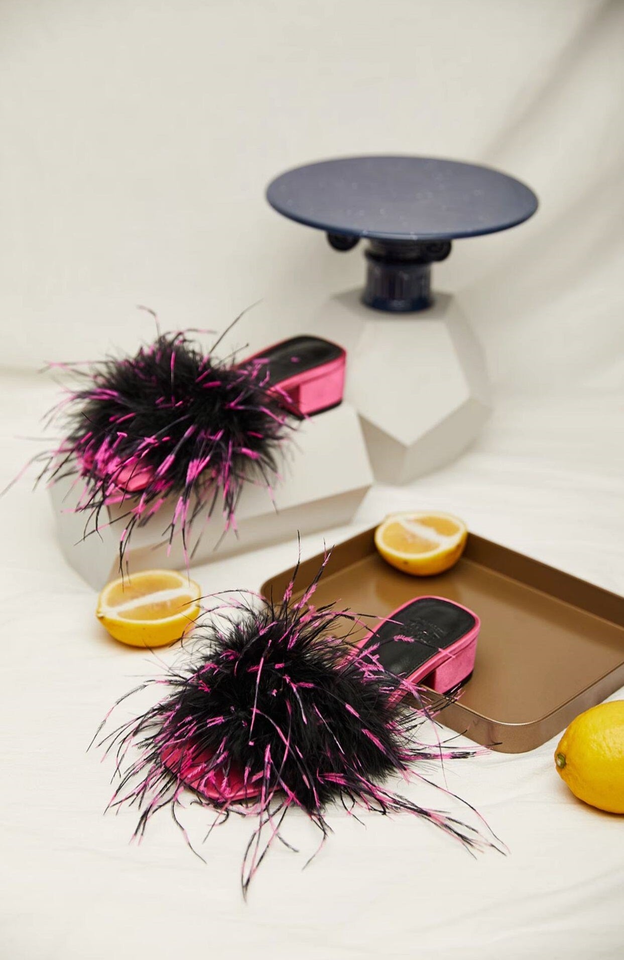 B-FEI feather slippers mid-heel color-blocked women's sandals-UCHIS.