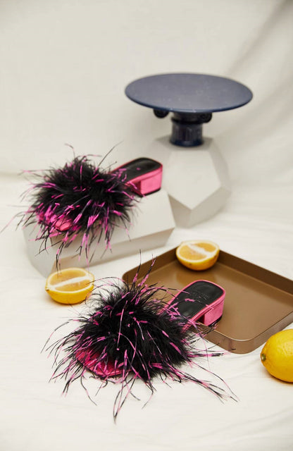 B-FEI feather slippers mid-heel color-blocked women's sandals-UCHIS.