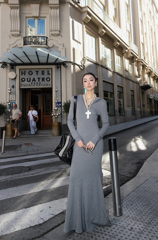 MEI SANGUAN gray hooded long-sleeved mermaid dress - GRAHAM