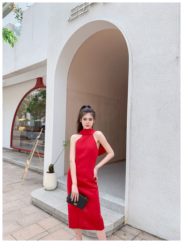 DOLLY Luxury Halter Neck Sleeveless Backless Big Bow Dinner Dress-PELA