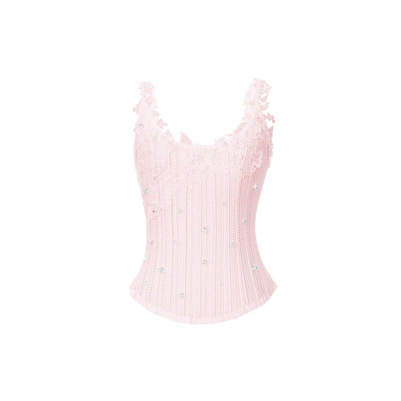 FAME lace-style spliced knitted vest suspender underwear top - PRECIOUS