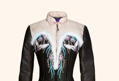 MagicQ's dazzling black crane lotus embroidery beaded mink fur down jacket - Rubio