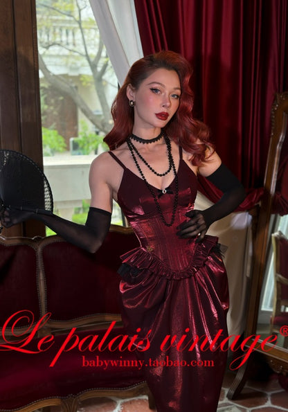 Le Palais Vintage  Red Fishbone Corset High Waisted Flower Bud Pencil Skirt-ALEC