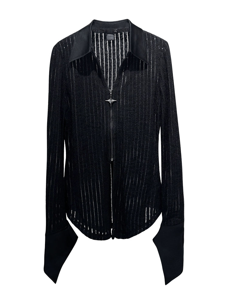 ANNAKIKI Women's Black Meteor Double Zipper Slim Long-Sleeved Shirt-MARTHA