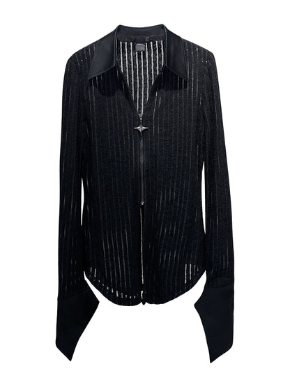 ANNAKIKI Women's Black Meteor Double Zipper Slim Long-Sleeved Shirt-MARTHA