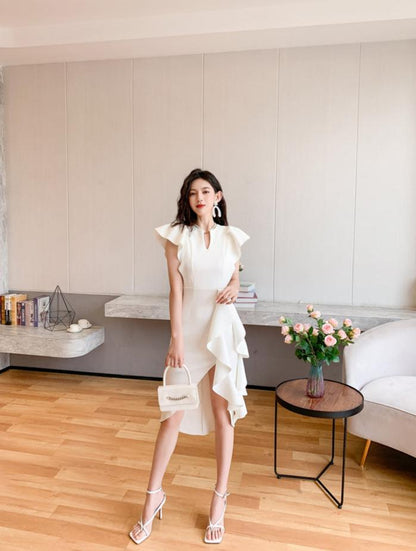 DOLLY Luxury V-Neck Short Sleeve High waist Slim Fit Irregular Hem Date Dress-LISA