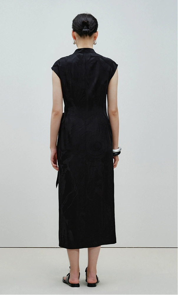 ZHUCHONGYUN sleeveless jacquard wrap-style front ruched waist slit hem Dress-DEWIE.