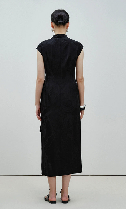 ZHUCHONGYUN sleeveless jacquard wrap-style front ruched waist slit hem Dress-DEWIE.