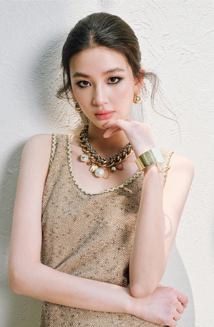 WANGXO | Satin-Stitched Georgette & Stretch Sequin Knit  Suspender Skirt & Vest Skirt Set -LUMA