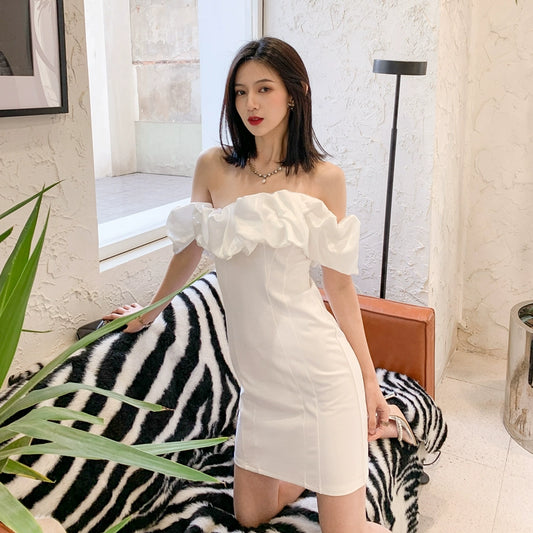 DOLLY Elegant Short Sleeve Ruffle Off Shoulder Chest Wrap Short Party Dress-LIZA