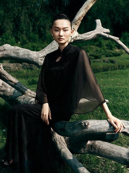 HECO [Feng Wu Clear Sleeves] New Chinese Standing Collar Buckle Flowing Dress- CLOAK.