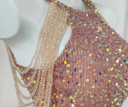 DOLLY Luxury Gold Sleeveless Stand Collar Sequin Beaded Tassel Evening Dress-LILY