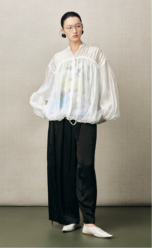 ZHUCHONGYUN  placket drawstring loose light balloon sleeve top-RAMIE.