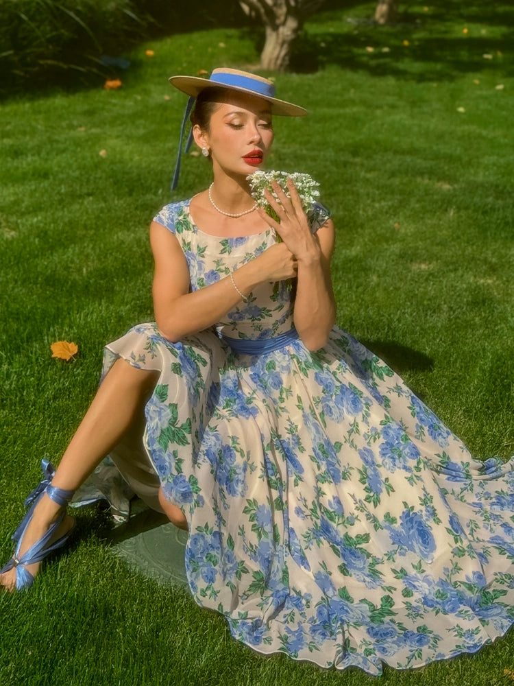 Le Palais Vintage elegant silk floral dress with a huge hem-KOTORI.