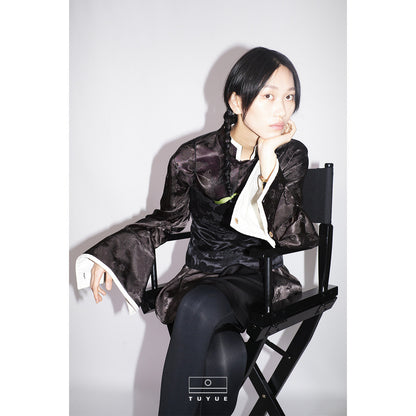 TUYUE Satin Weaving Flowers Relaxed Long-sleeved Shirt- JADE,