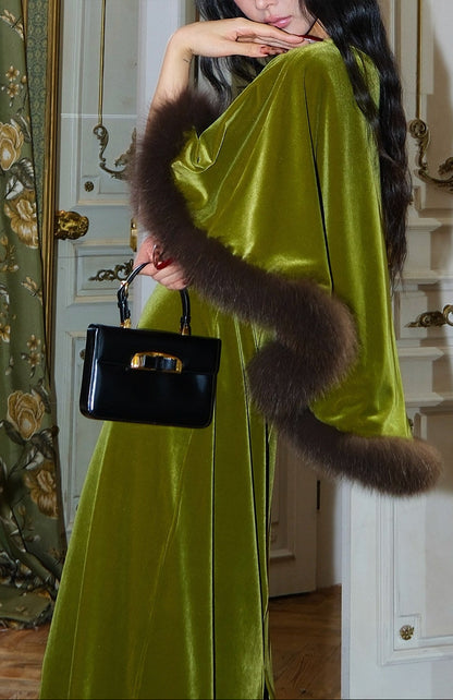 MEI SANGUAN Green V-neck short-sleeved fox fur dress - OLIVER