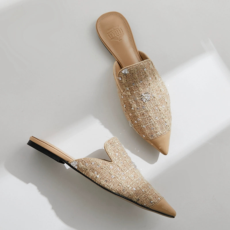 B-FEI couture paneled mules flat pointed toe slippers-YUNO.