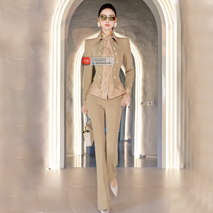 VJE Stitchwork Print Fake Top Flared Pants Two-Piece Business Suit-OLGO.