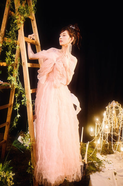 DOLLY Elegant Pink Sleeveless Big Bow Long Pleated Sequin Award Night Dress-CLEO  (V)