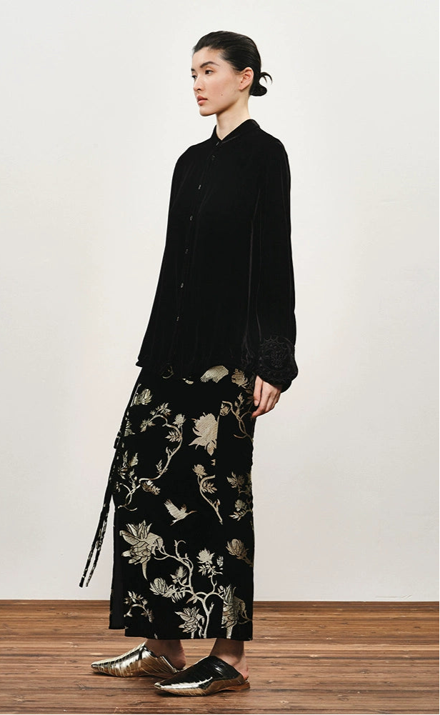 ZHUCHONGYUN Chinese nail bead stamped suede skirt--KEIGO.