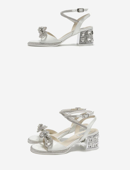 SHOESZOOO Straight Line Rhinestone Thick Heeled Sandals with Bow - GRIT.