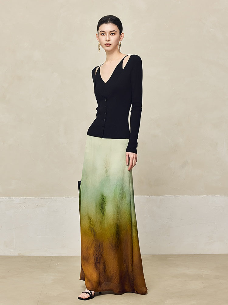 HECO Blended Chiffon Drape A-line High waist Yellow Green Thin Skirt Women - DEPTH.