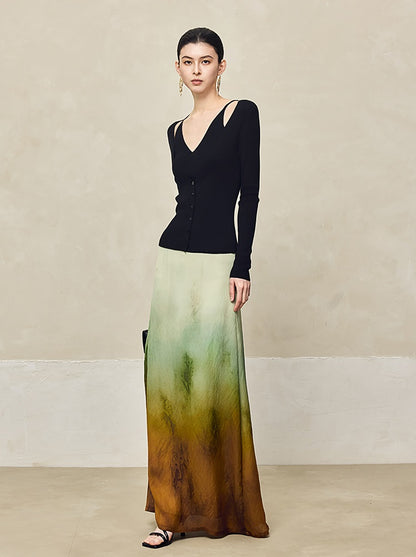 HECO Blended Chiffon Drape A-line High waist Yellow Green Thin Skirt Women - DEPTH.