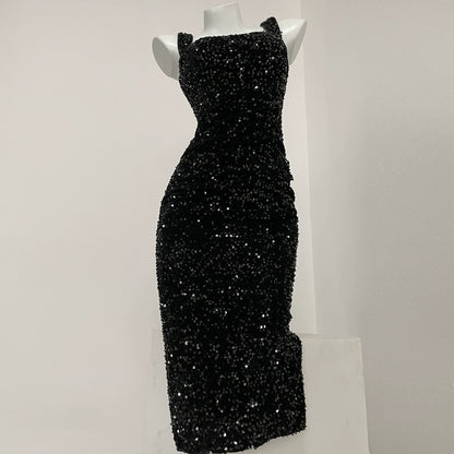 DOLLY Elegant Retro Style Square Collar Sleeveless Sequin Body Hug Evening Dress-HARPER