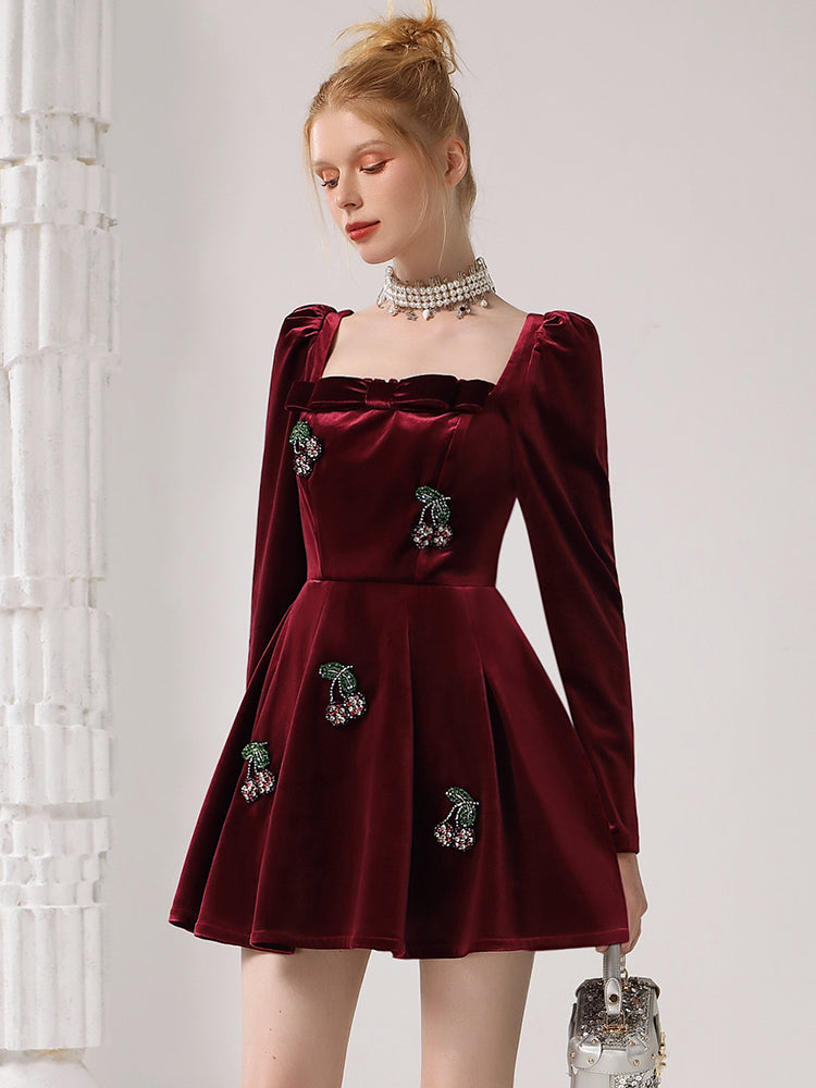 CHECOCRE Elegant French Vintage Cherry Banque Velvet Red Short Dress - TRANS