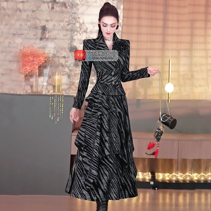 VJE zebra pattern suit skirt top irregular long skirt two-piece set- MONI.